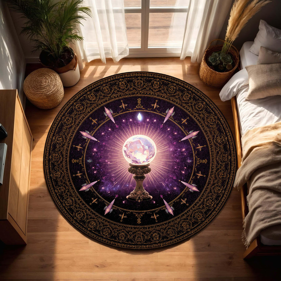 Mystic Crystal Ball Round Rug, Celestial Witchy Astrology Carpet for Living Room, Meditation Space, Boho Occult Altar Home Decor