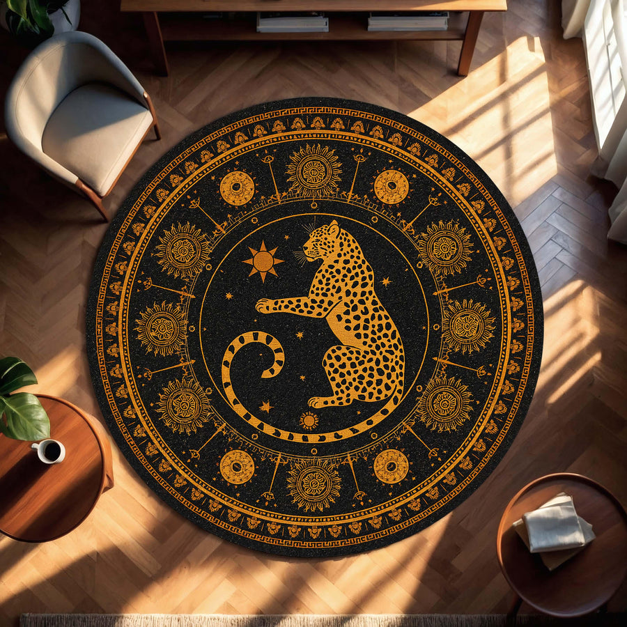 Celestial Leopard Round Rug, Black Gold Zodiac Mandala Carpet, Boho Mystical Sun Moon Animal Art, Living Room Bedroom Home Decor Rug