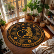Celestial Leopard Round Rug, Black Gold Zodiac Mandala Carpet, Boho Mystical Sun Moon Animal Art, Living Room Bedroom Home Decor Rug
