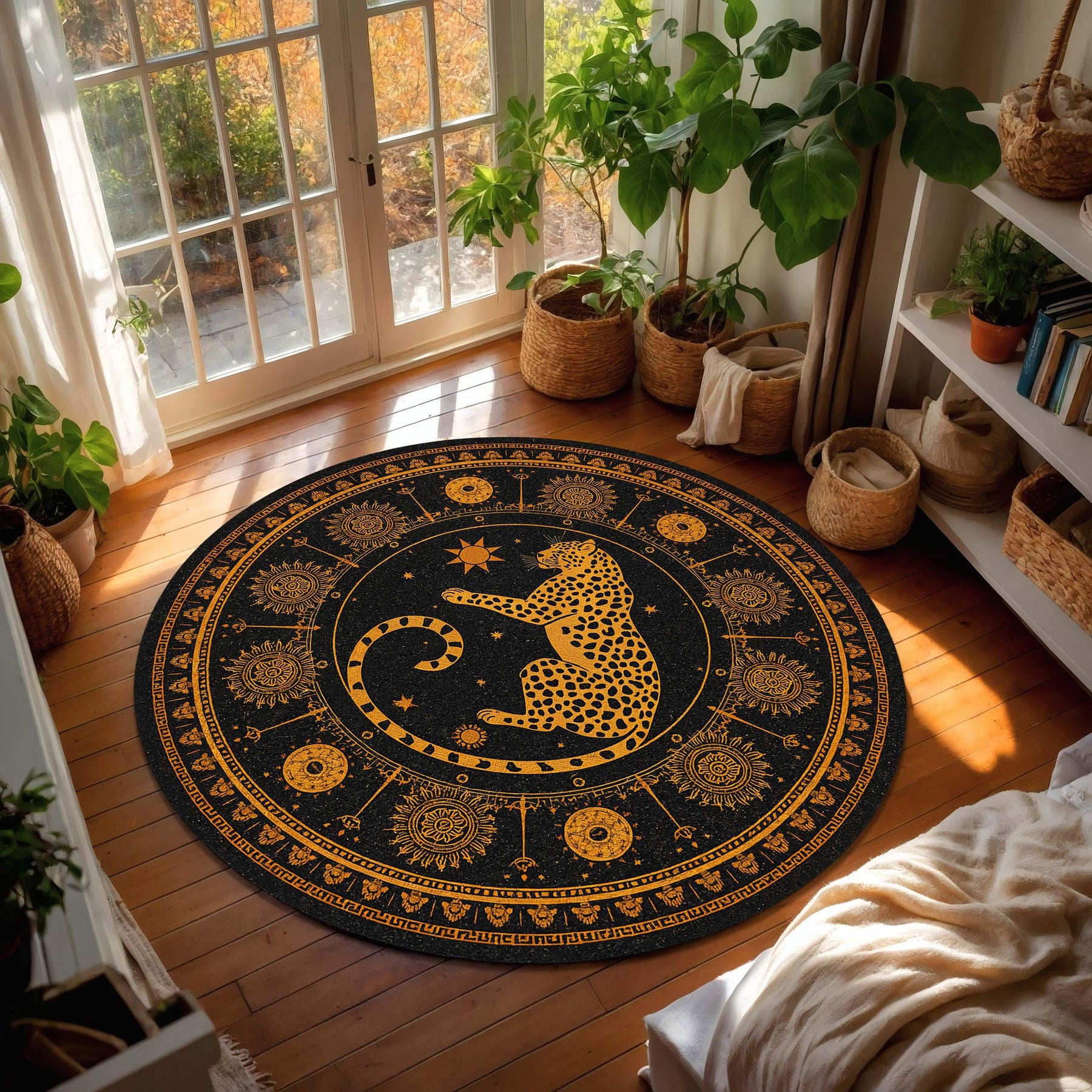 Celestial Leopard Round Rug, Black Gold Zodiac Mandala Carpet, Boho Mystical Sun Moon Animal Art, Living Room Bedroom Home Decor Rug