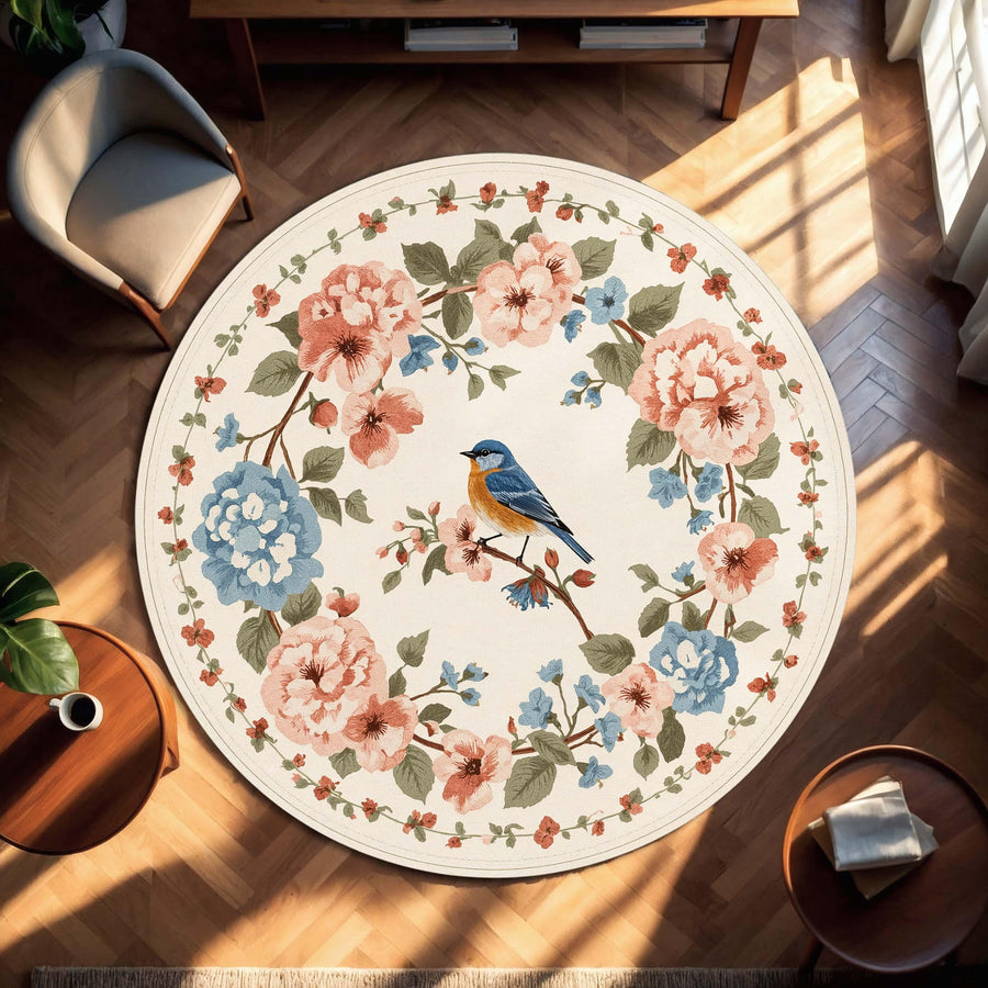 Round Floral Bird Rug, Vintage Bluebird Garden Area Rug, Cottagecore Pastel Flower Carpet for Living Room, Bedroom, Nursery Decor Home