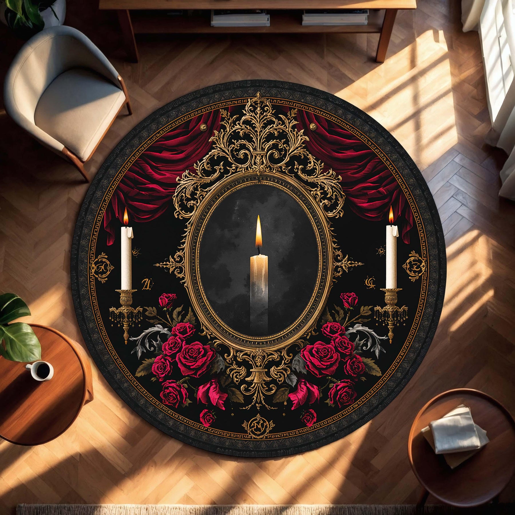 Gothic Round Area Rug with Candle and Roses, Dark Victorian Baroque Circle Carpet, Red Black Gold Living Room Decor, Occult Romantic Gift
