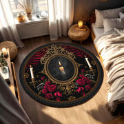 Gothic Round Area Rug with Candle and Roses, Dark Victorian Baroque Circle Carpet, Red Black Gold Living Room Decor, Occult Romantic Gift