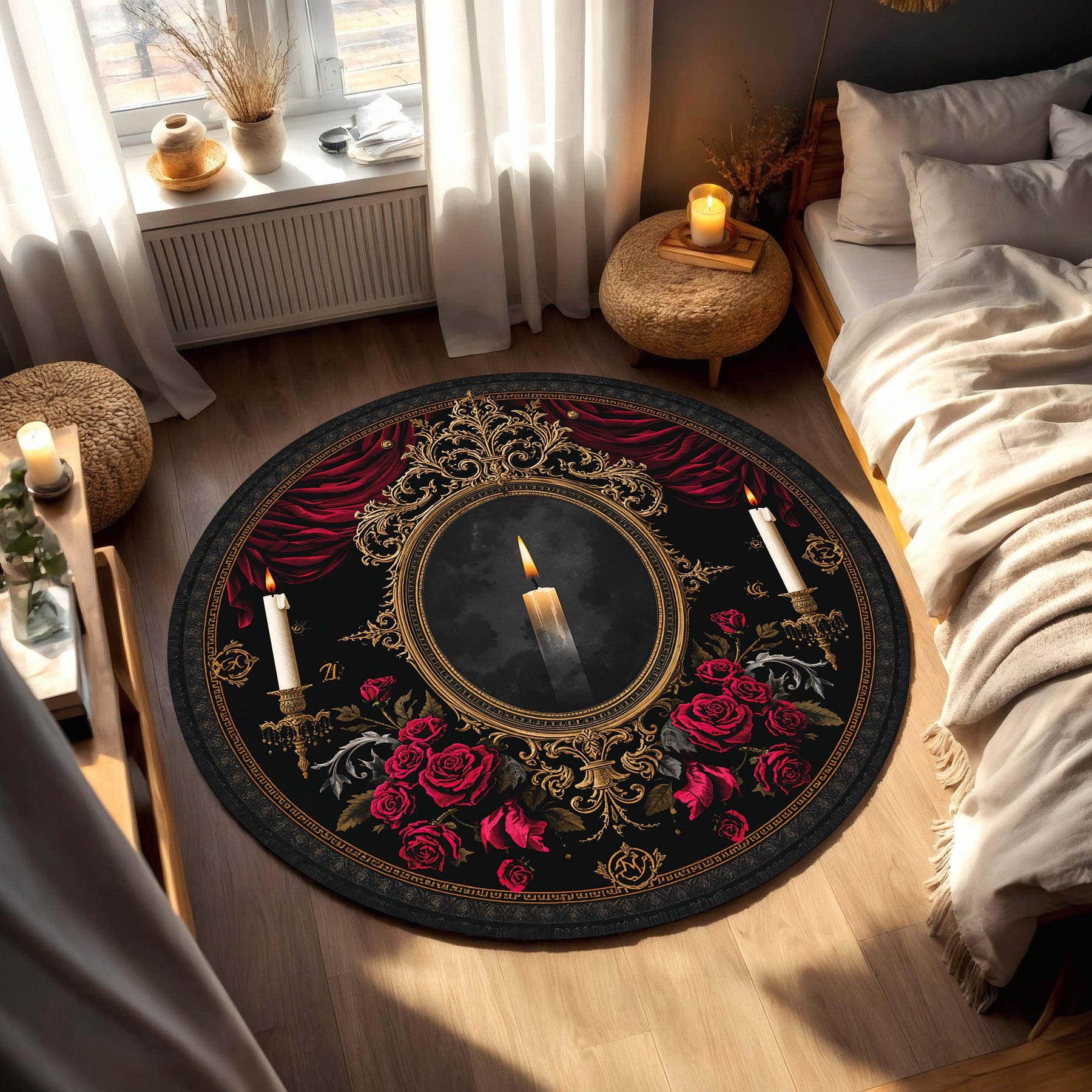 Gothic Round Area Rug with Candle and Roses, Dark Victorian Baroque Circle Carpet, Red Black Gold Living Room Decor, Occult Romantic Gift