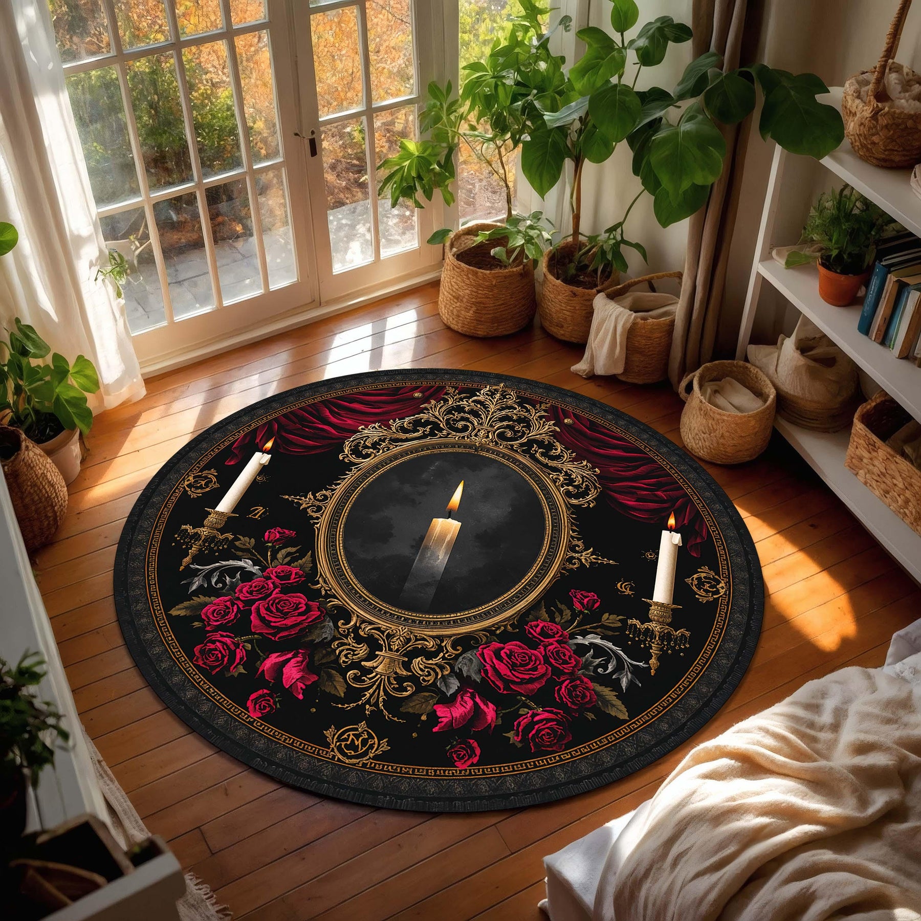 Gothic Round Area Rug with Candle and Roses, Dark Victorian Baroque Circle Carpet, Red Black Gold Living Room Decor, Occult Romantic Gift