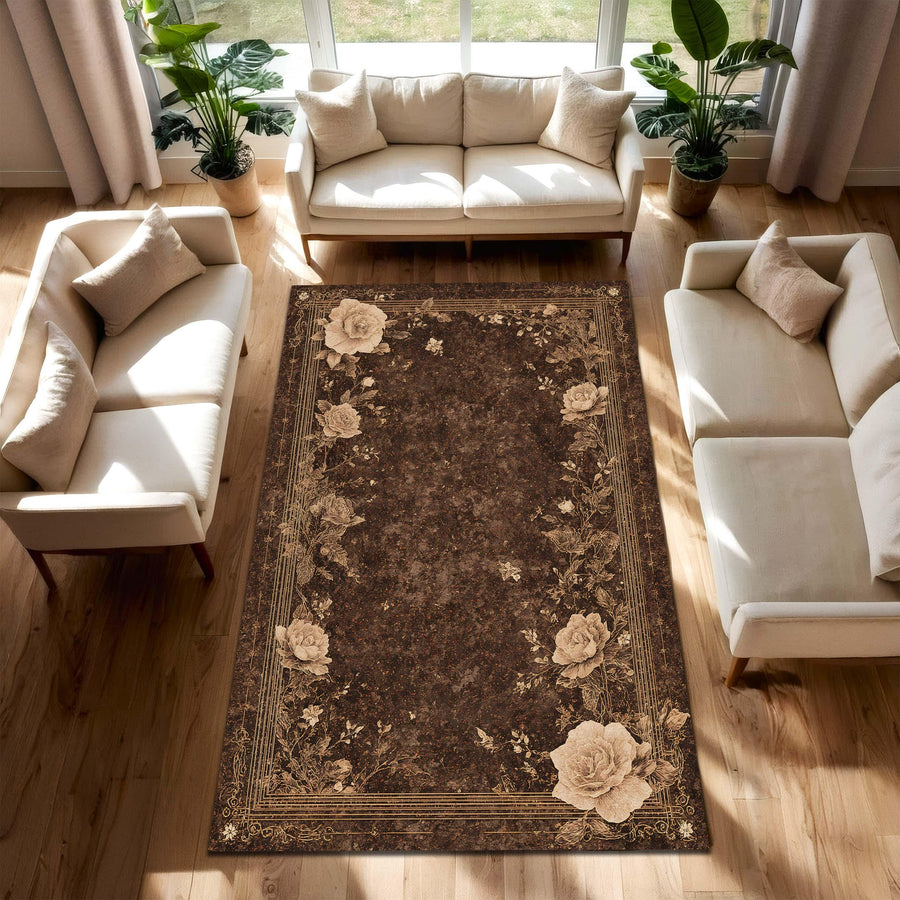 Gothic Brown Rose Rug – Vintage Floral Area Rug for Living Room Bedroom, Dark Academia Aesthetic Victorian Cottagecore Carpet Home Decor