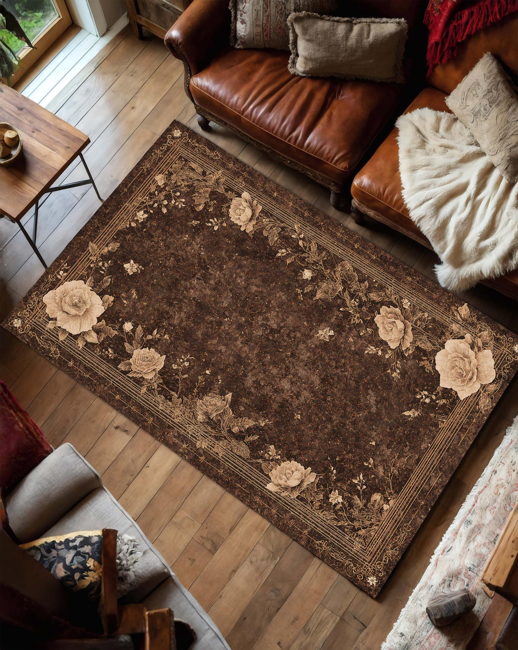 Gothic Brown Rose Rug – Vintage Floral Area Rug for Living Room Bedroom, Dark Academia Aesthetic Victorian Cottagecore Carpet Home Decor