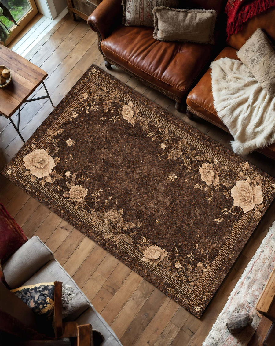 Gothic Brown Rose Rug – Vintage Floral Area Rug for Living Room Bedroom, Dark Academia Aesthetic Victorian Cottagecore Carpet Home Decor
