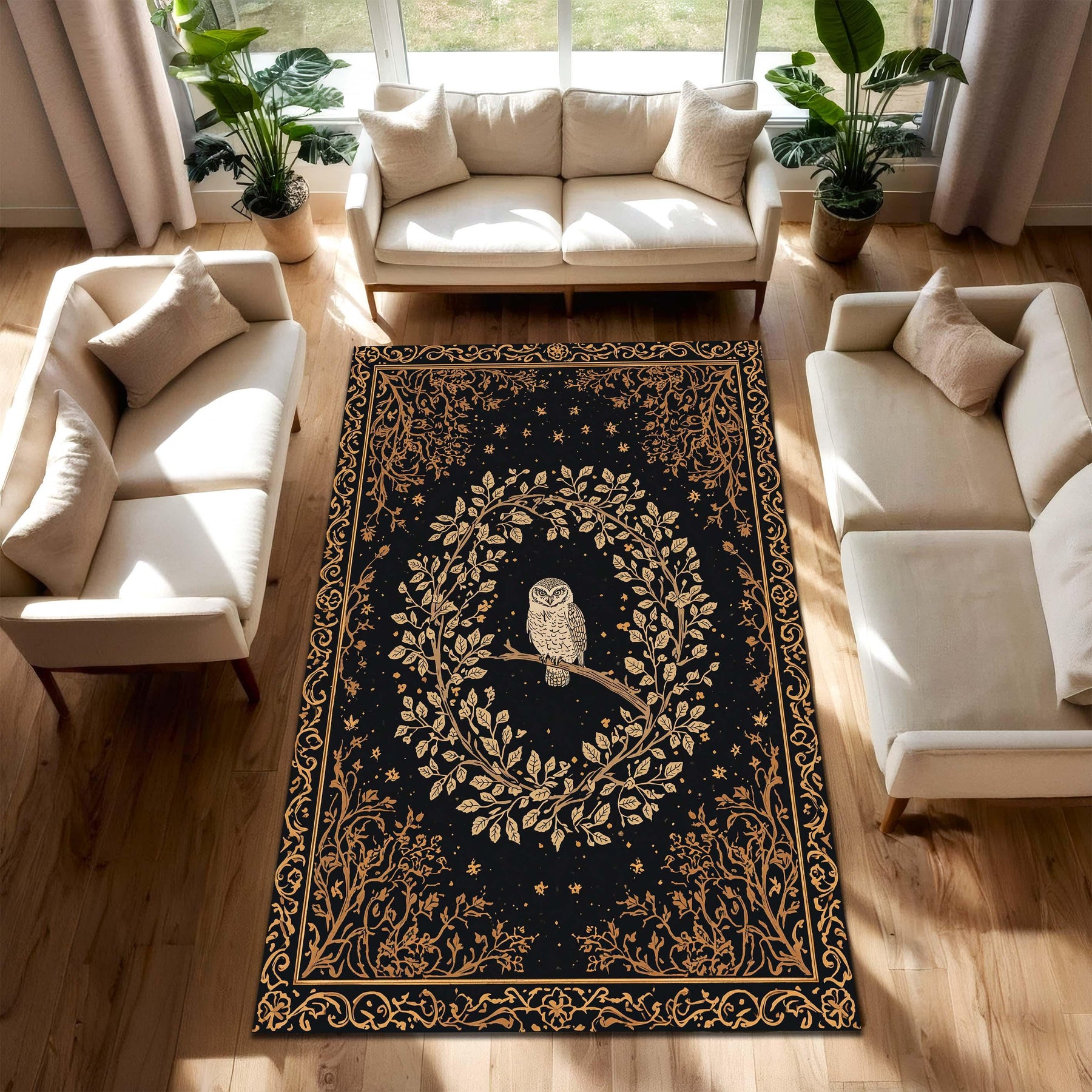 Mystical Owl Area Rug, Black Gold Night Sky Carpet, Boho Celestial Forest Decor for Living Room Bedroom Reading Nook Owl Lovers Gift