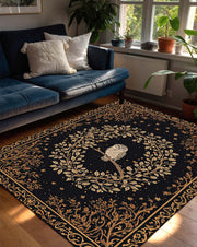 Mystical Owl Area Rug, Black Gold Night Sky Carpet, Boho Celestial Forest Decor for Living Room Bedroom Reading Nook Owl Lovers Gift