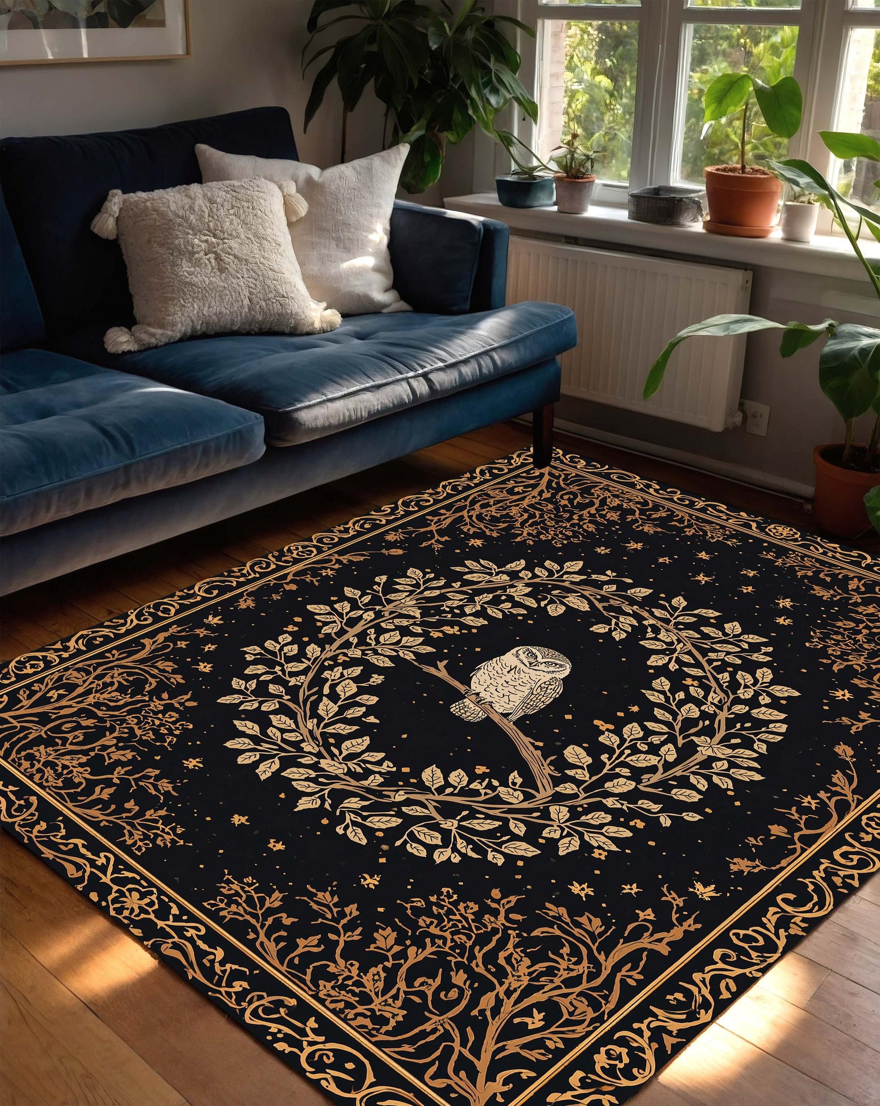 Mystical Owl Area Rug, Black Gold Night Sky Carpet, Boho Celestial Forest Decor for Living Room Bedroom Reading Nook Owl Lovers Gift