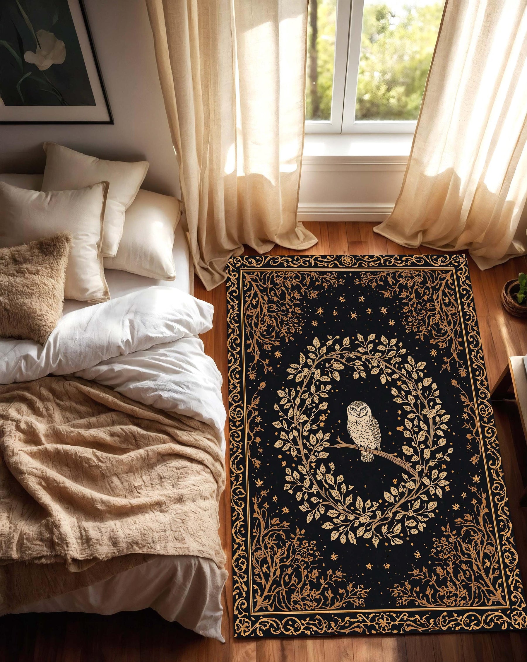 Mystical Owl Area Rug, Black Gold Night Sky Carpet, Boho Celestial Forest Decor for Living Room Bedroom Reading Nook Owl Lovers Gift