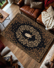 Mystical Owl Area Rug, Black Gold Night Sky Carpet, Boho Celestial Forest Decor for Living Room Bedroom Reading Nook Owl Lovers Gift