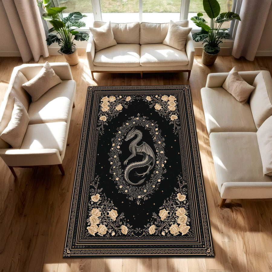 Black Dragon Rug with Vintage Floral Border, Gothic Fantasy Area Rug for Living Room Bedroom, Mystical Medieval Home Decor Gift