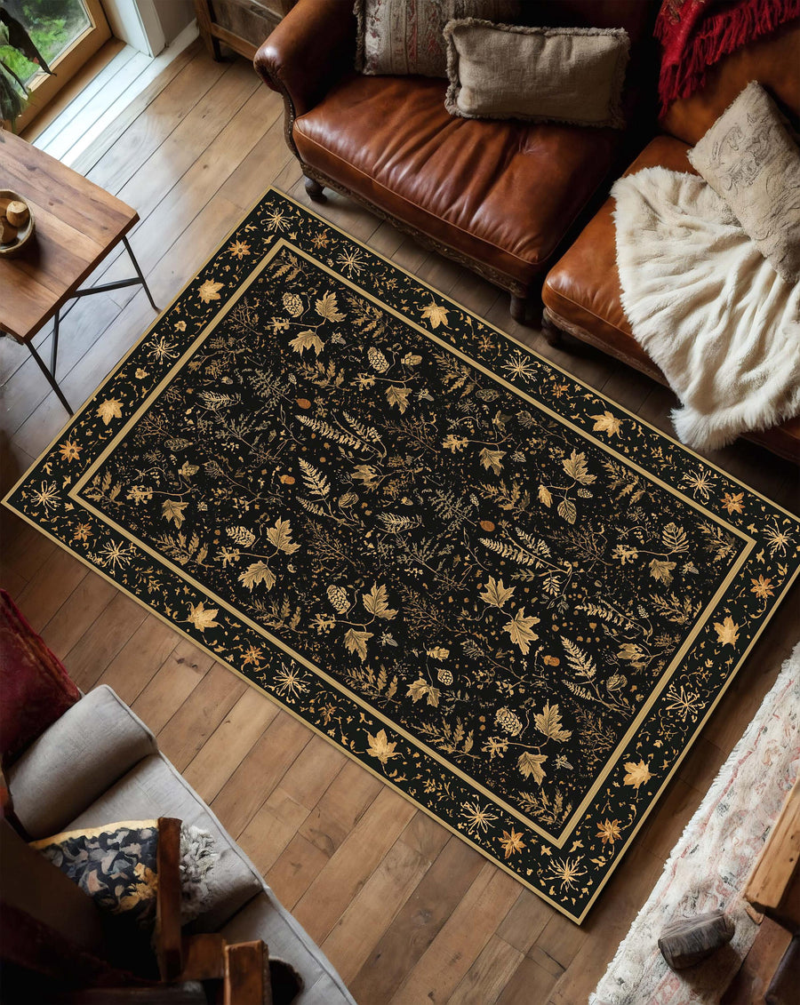 Black Gold Botanical Area Rug, Vintage Floral Living Room Carpet, Dark Cottagecore Rug for Bedroom, Boho Modern Floor Decor Accent