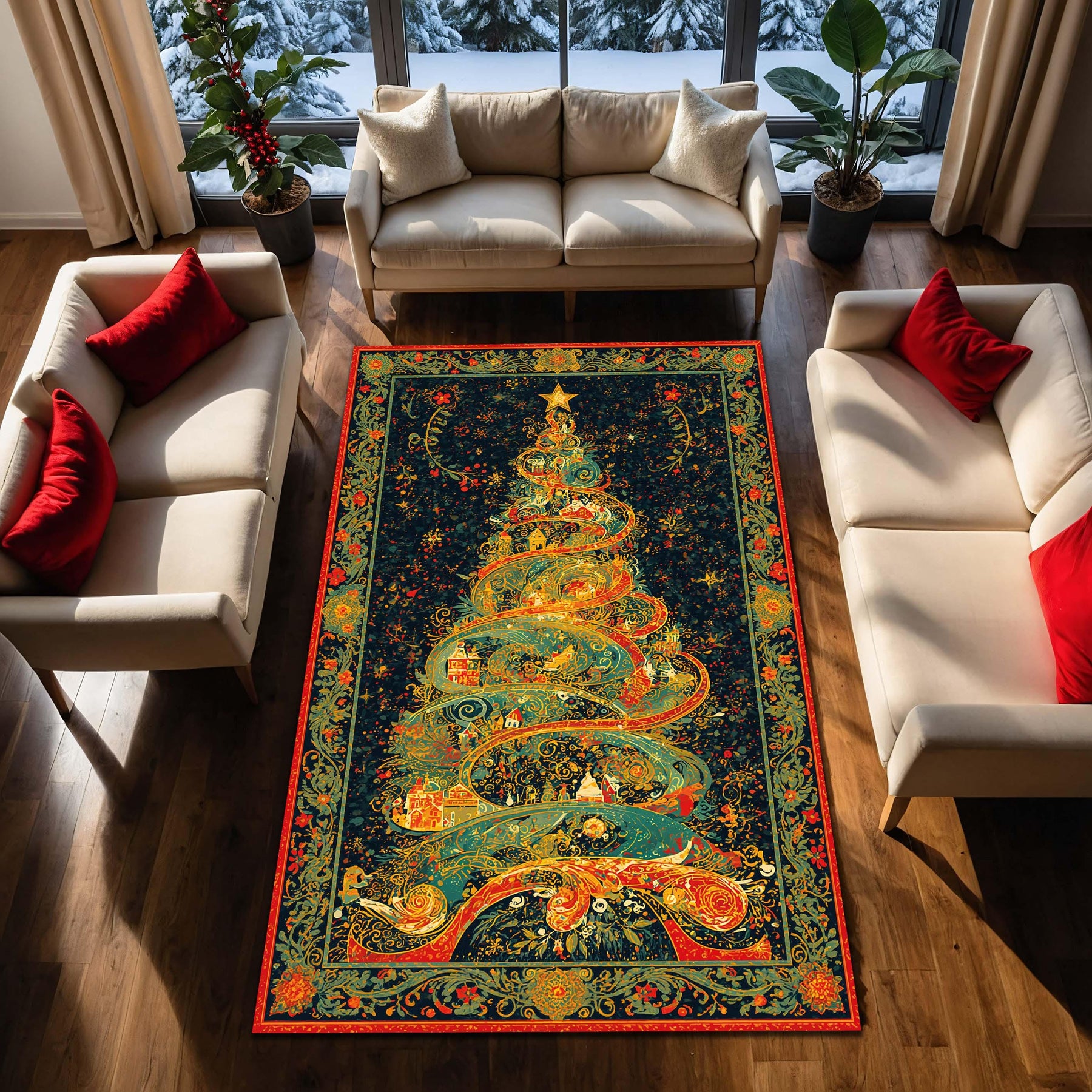Christmas Tree Area Rug Holiday Living Room Carpet, Colorful Winter Xmas Decor, Festive Boho Style Floor Mat for Cozy Home Decoration