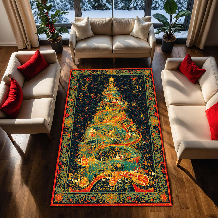 Christmas Tree Area Rug Holiday Living Room Carpet, Colorful Winter Xmas Decor, Festive Boho Style Floor Mat for Cozy Home Decoration