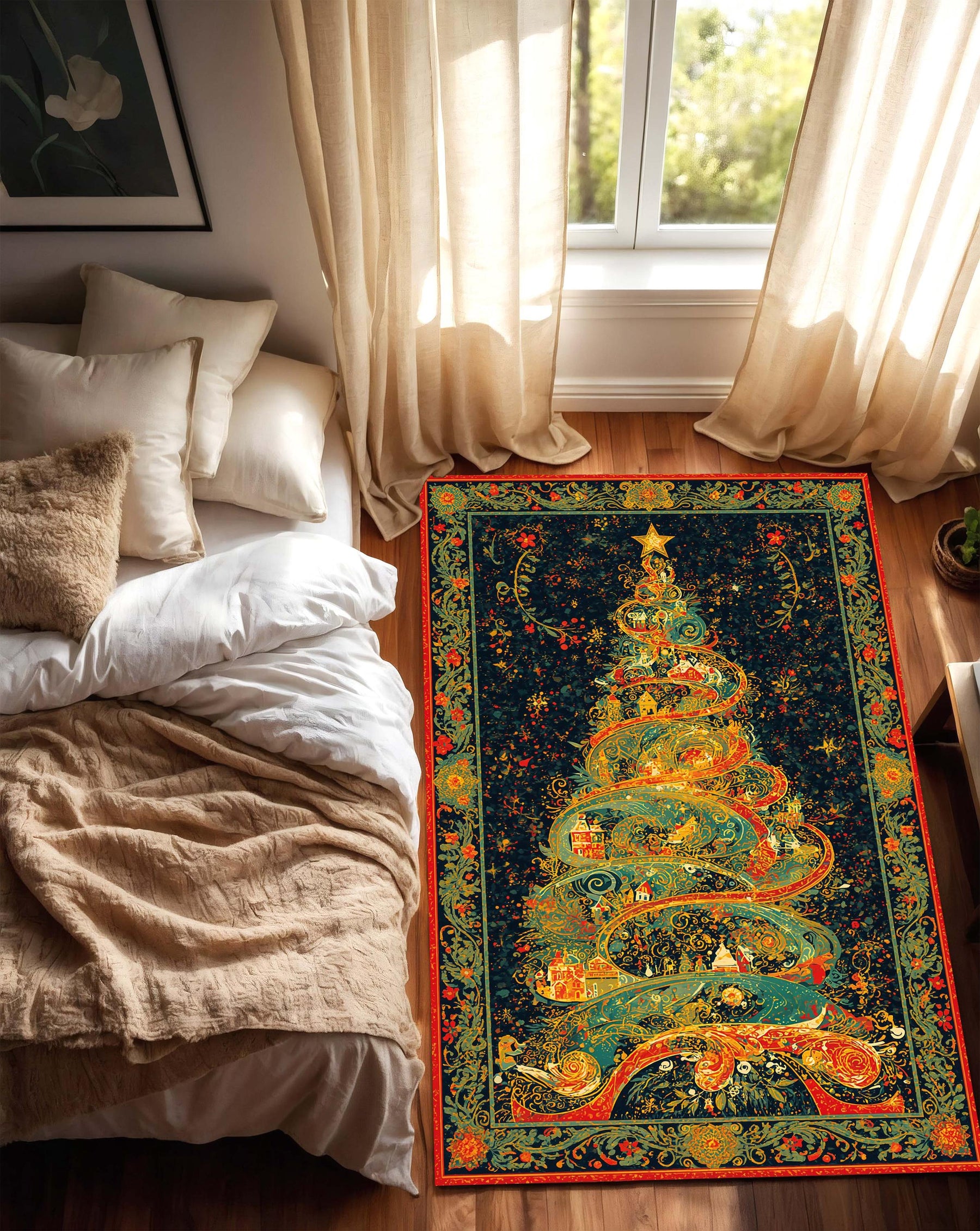 Christmas Tree Area Rug Holiday Living Room Carpet, Colorful Winter Xmas Decor, Festive Boho Style Floor Mat for Cozy Home Decoration