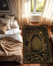 Enchanted Forest Door Area Rug, Gothic Fairy Tale Tree Carpet, Black Gold Mystical Living Room Decor, Fantasy Doorway Floor Mat Rug