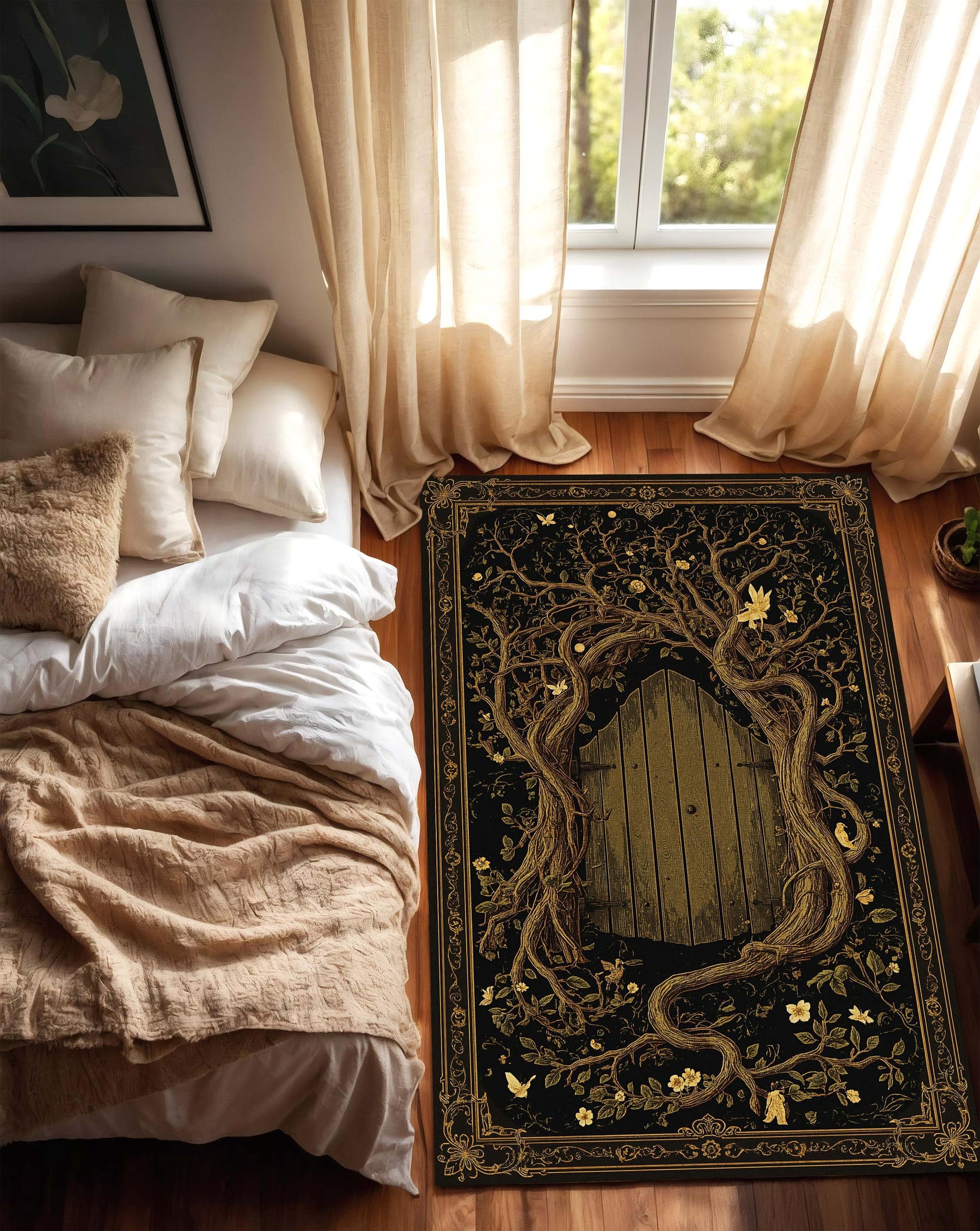 Enchanted Forest Door Area Rug, Gothic Fairy Tale Tree Carpet, Black Gold Mystical Living Room Decor, Fantasy Doorway Floor Mat Rug