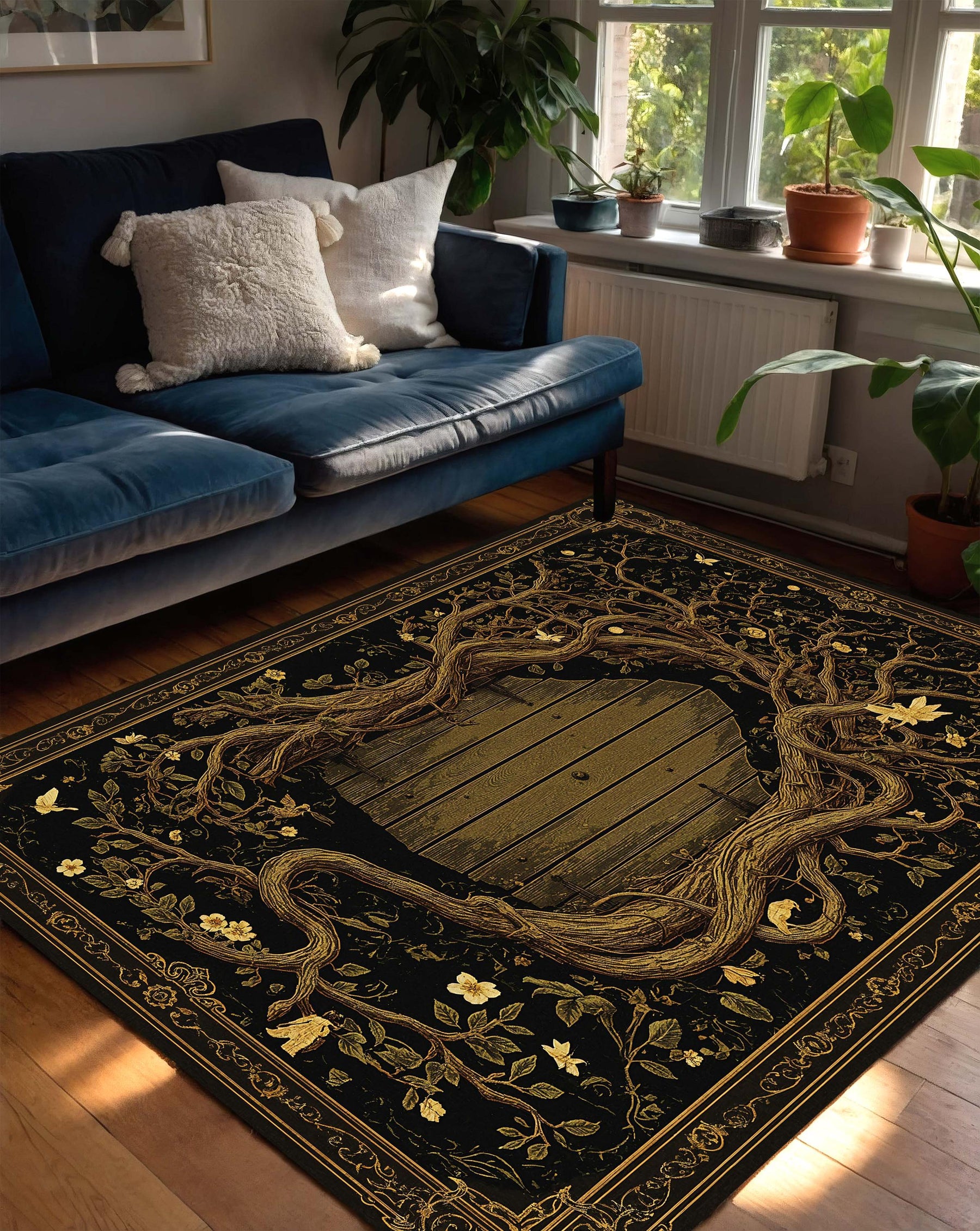 Enchanted Forest Door Area Rug, Gothic Fairy Tale Tree Carpet, Black Gold Mystical Living Room Decor, Fantasy Doorway Floor Mat Rug