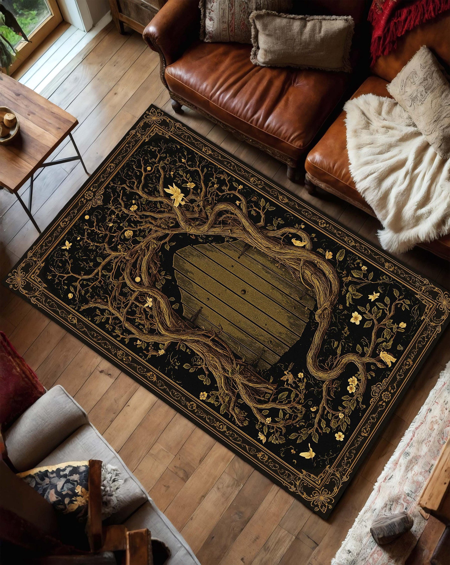 Enchanted Forest Door Area Rug, Gothic Fairy Tale Tree Carpet, Black Gold Mystical Living Room Decor, Fantasy Doorway Floor Mat Rug
