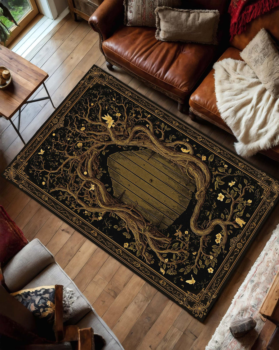 Enchanted Forest Door Area Rug, Gothic Fairy Tale Tree Carpet, Black Gold Mystical Living Room Decor, Fantasy Doorway Floor Mat Rug