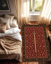 Medieval Sword Area Rug, Red Floral Fantasy Carpet, Gothic Living Room Decor, Heroic Knight Themed Floor Mat, Fantasy Style Unique Gift