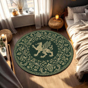 Round Green Griffin Rug, Medieval Mythical Creature Carpet, Gold Ornamental Boho Area Mat for Living Room Decor, Fantasy Home Gift