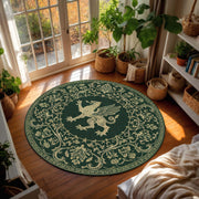 Round Green Griffin Rug, Medieval Mythical Creature Carpet, Gold Ornamental Boho Area Mat for Living Room Decor, Fantasy Home Gift