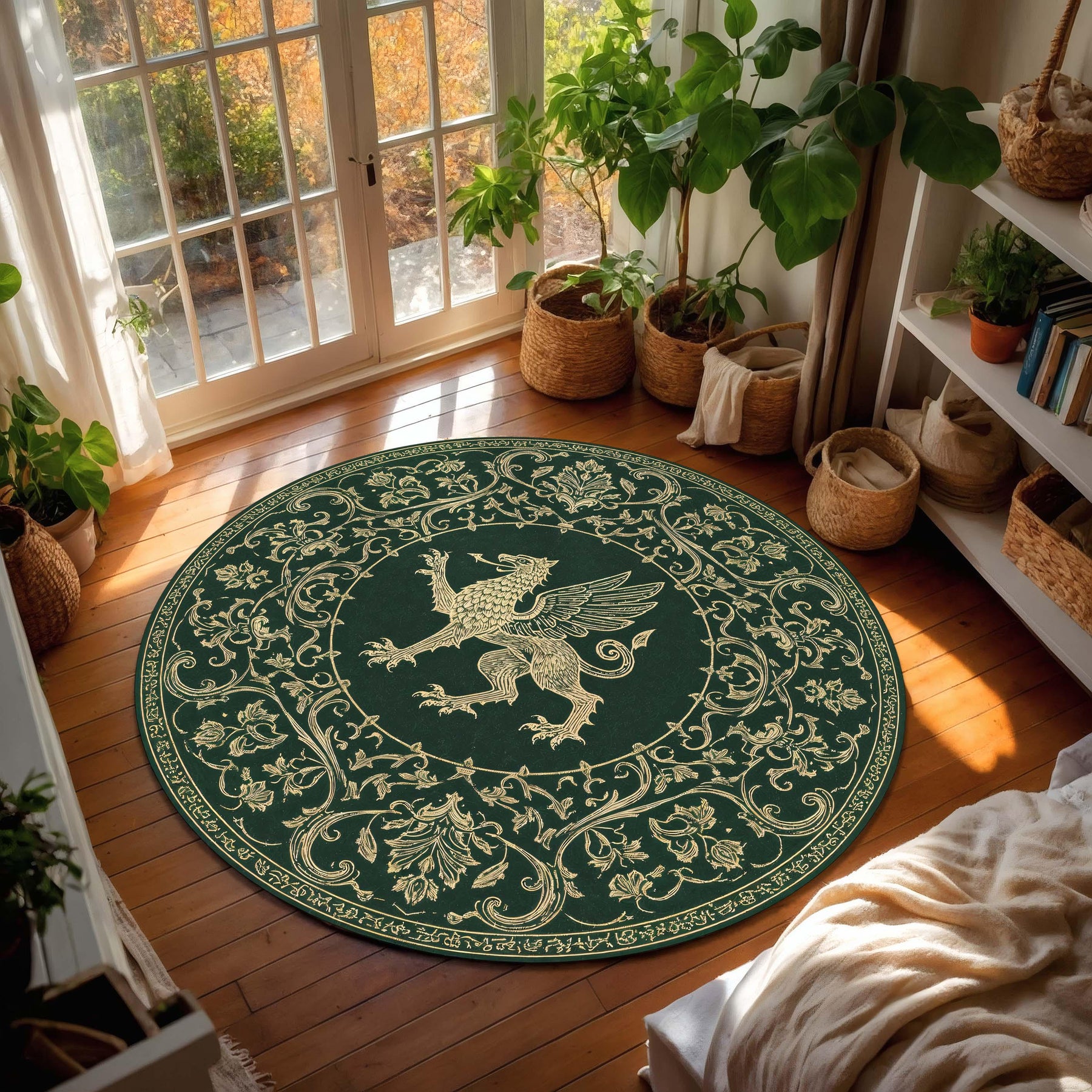 Round Green Griffin Rug, Medieval Mythical Creature Carpet, Gold Ornamental Boho Area Mat for Living Room Decor, Fantasy Home Gift