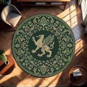 Round Green Griffin Rug, Medieval Mythical Creature Carpet, Gold Ornamental Boho Area Mat for Living Room Decor, Fantasy Home Gift