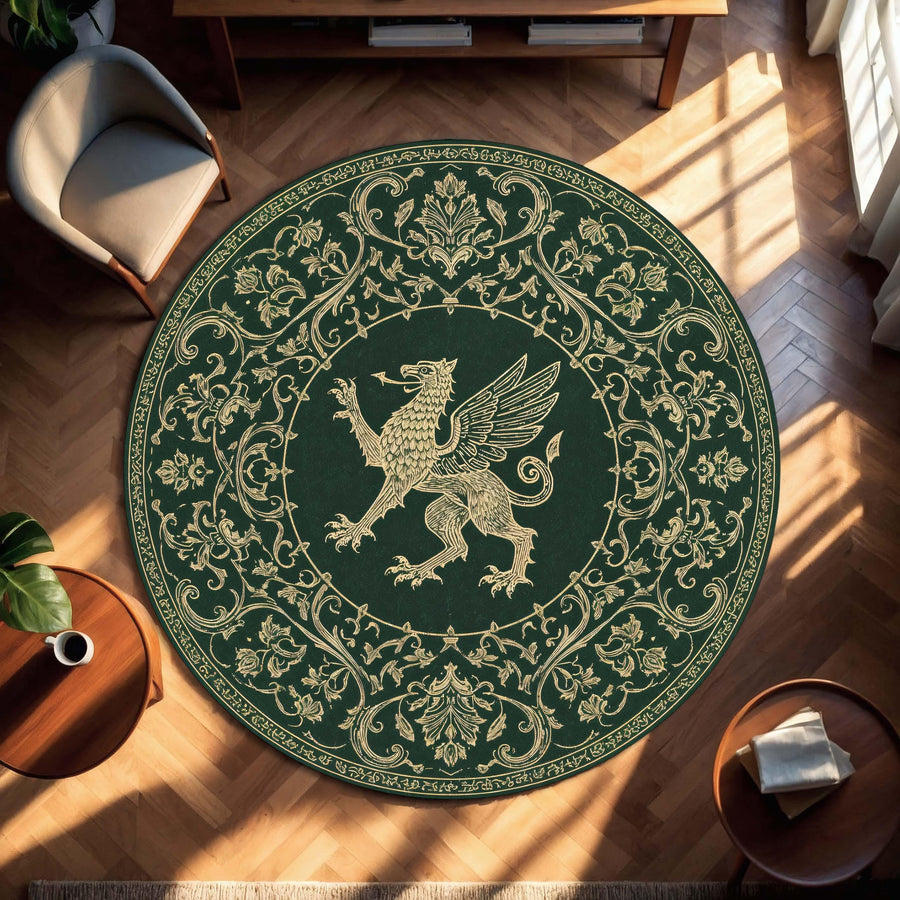 Round Green Griffin Rug, Medieval Mythical Creature Carpet, Gold Ornamental Boho Area Mat for Living Room Decor, Fantasy Home Gift