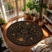Round Black Raven Rug Gold Floral Carpet, Gothic Crow Area Rug, Boho Witchy Living Room Decor, Mystical Occult Floor Mat for Home Decor