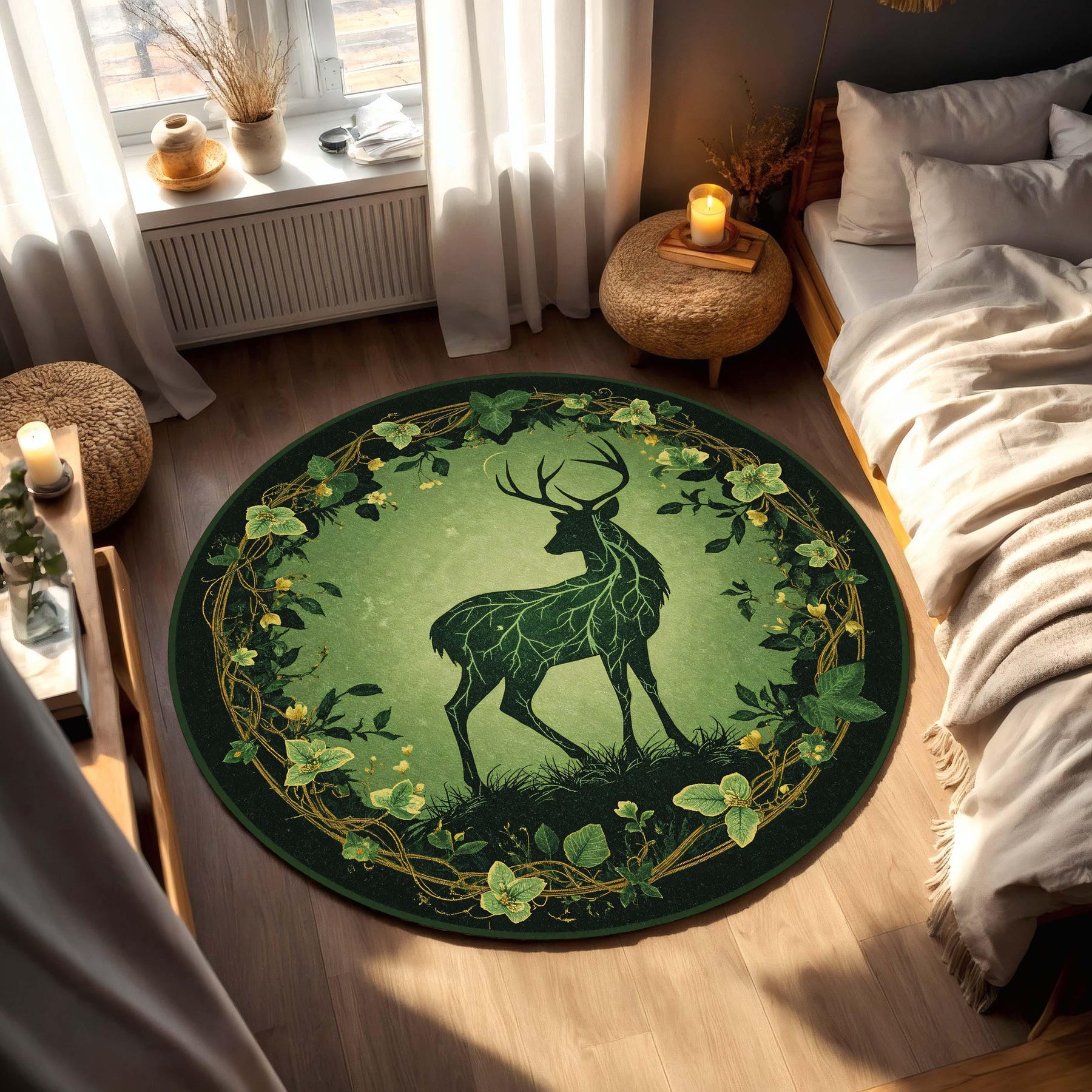 Round Green Forest Deer Rug, Nature Stag Area Carpet, Botanical Circle Mat for Living Room, Boho Cottagecore Woodland Decor Style Rug
