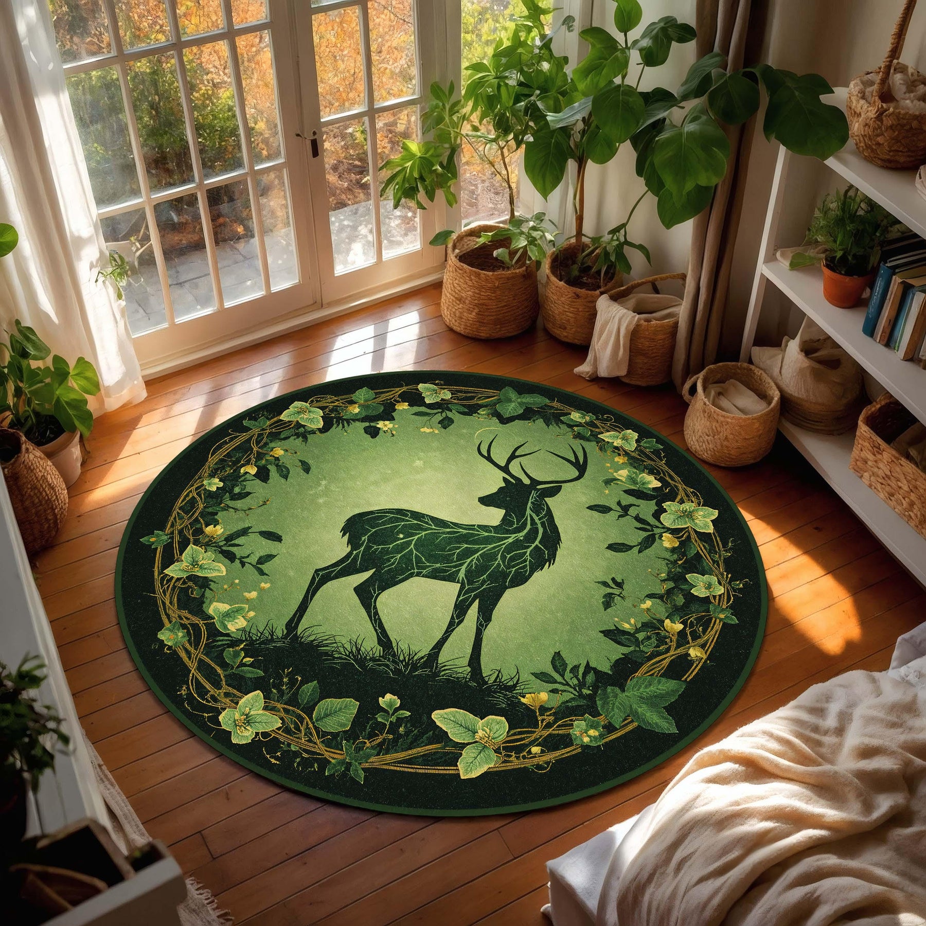 Round Green Forest Deer Rug, Nature Stag Area Carpet, Botanical Circle Mat for Living Room, Boho Cottagecore Woodland Decor Style Rug