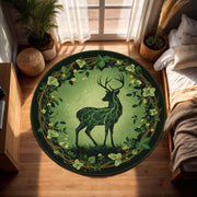 Round Green Forest Deer Rug, Nature Stag Area Carpet, Botanical Circle Mat for Living Room, Boho Cottagecore Woodland Decor Style Rug