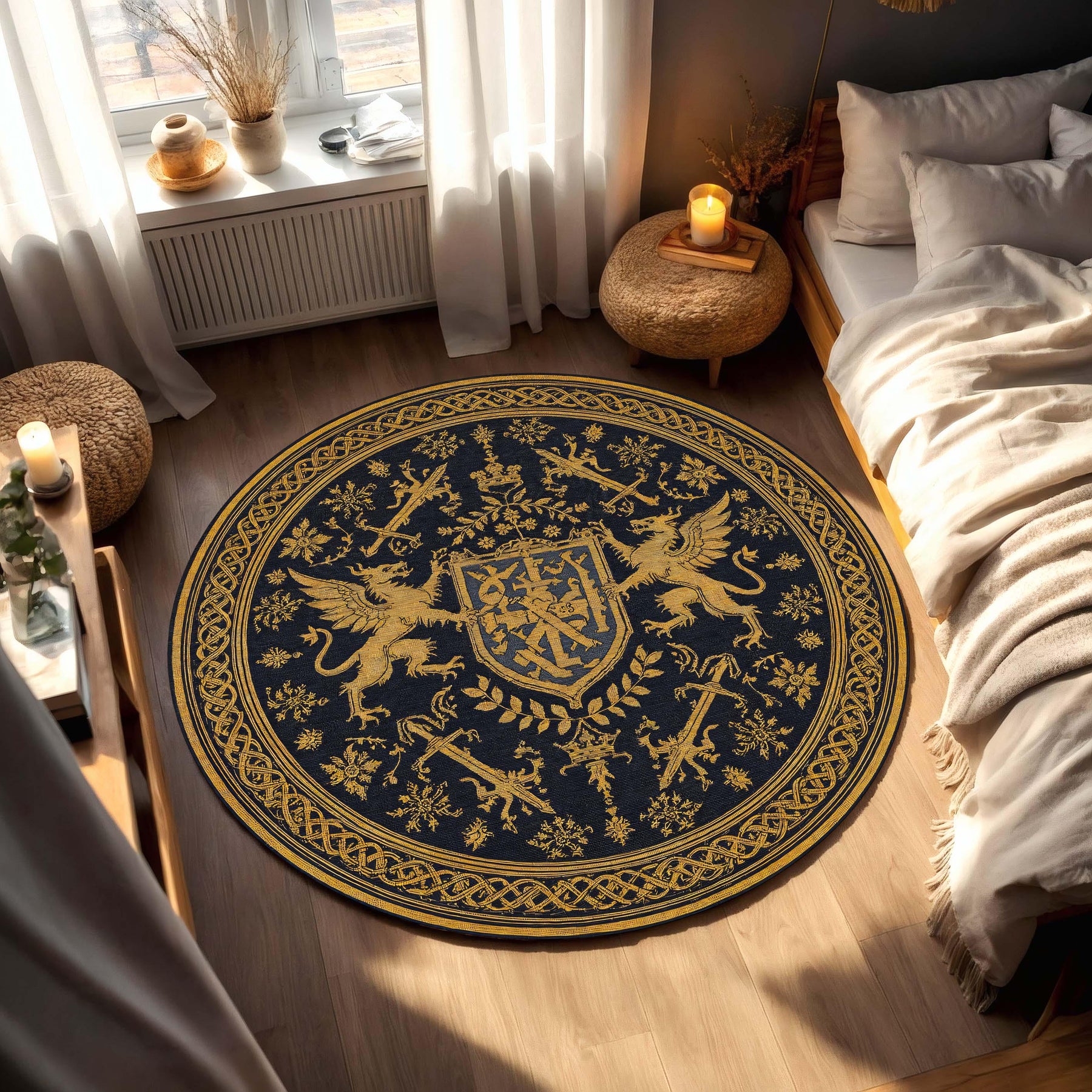 Round Medieval Heraldic Rug Navy Gold Griffin Crest Carpet, Gothic Royal Fantasy Circle Area Rug, Living Room Antique Style Decor Accent