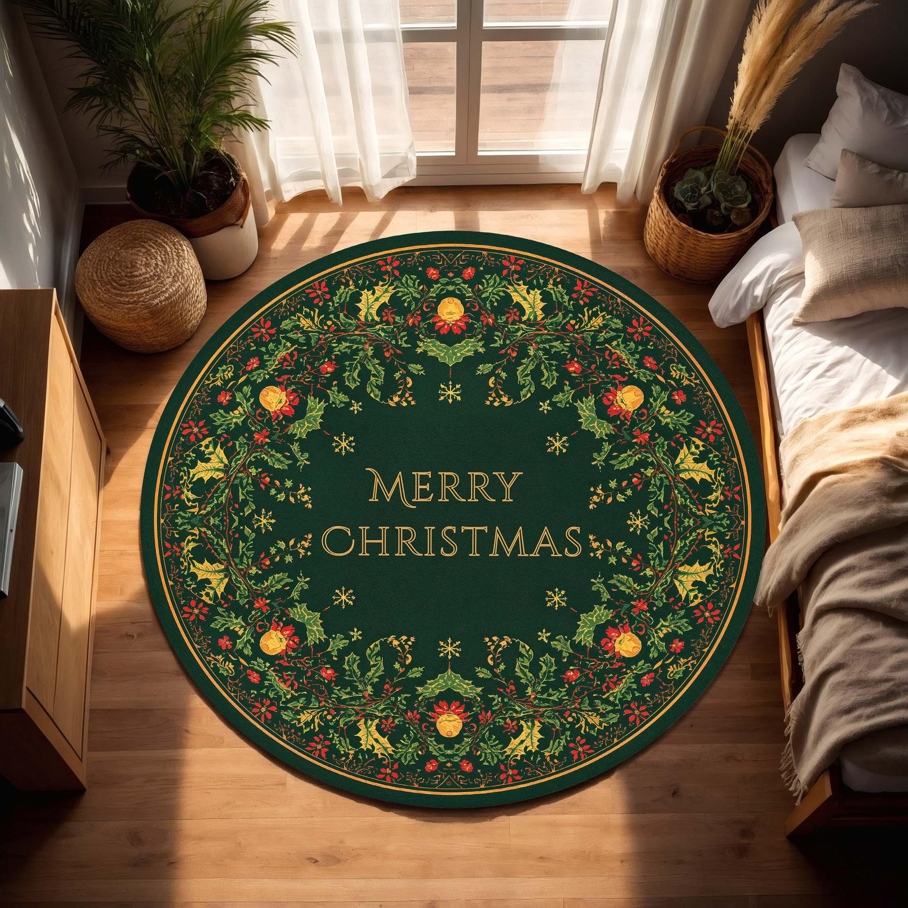 Round Merry Christmas Rug Green Holiday Area Mat, Festive Wreath Border Carpet for Living Room, Cozy Xmas Floor Decor, Circular Accent