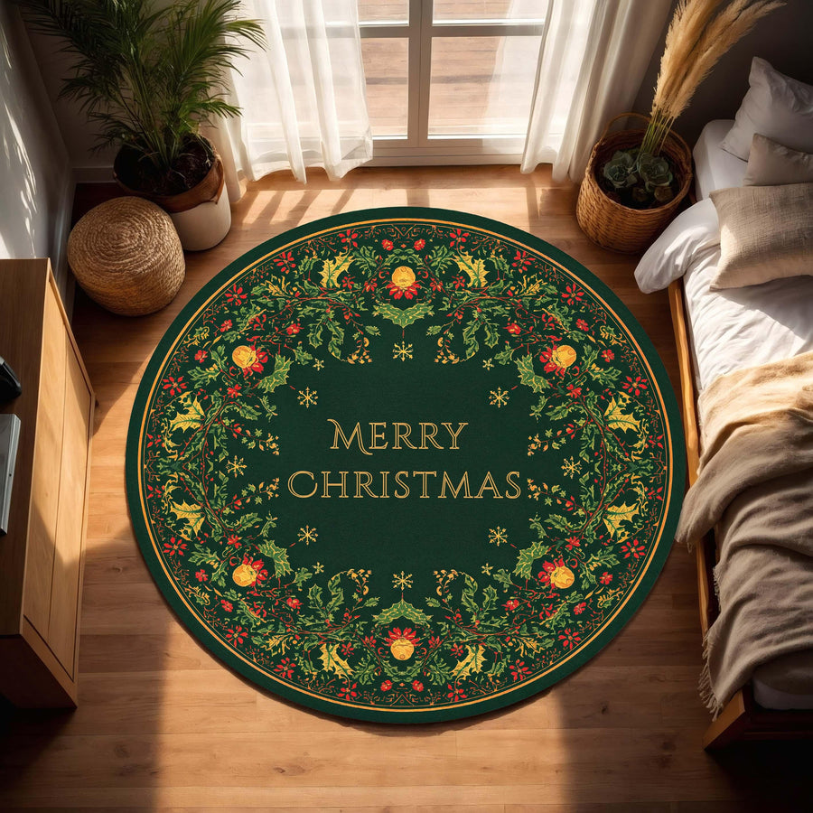 Round Merry Christmas Rug Green Holiday Area Mat, Festive Wreath Border Carpet for Living Room, Cozy Xmas Floor Decor, Circular Accent