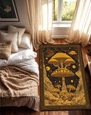 Golden Mushroom Art Rug, Psychedelic Celestial Area Carpet, Trippy Boho Living Room Decor, Fantasy Nature Floor Mat Gift For Mystical Home