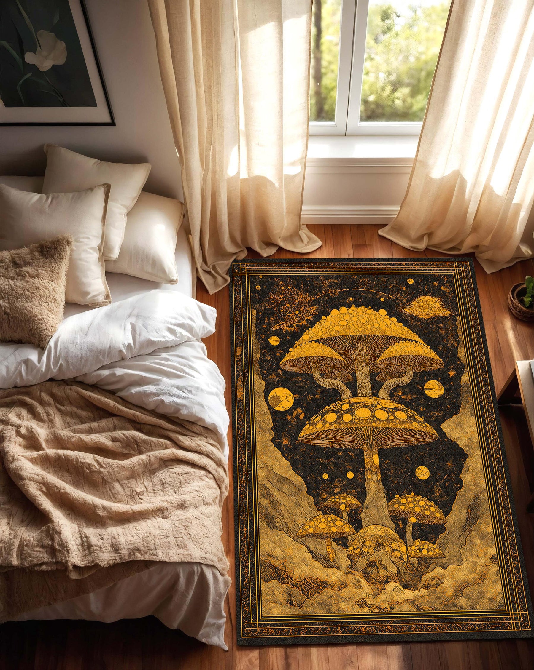 Golden Mushroom Art Rug, Psychedelic Celestial Area Carpet, Trippy Boho Living Room Decor, Fantasy Nature Floor Mat Gift For Mystical Home