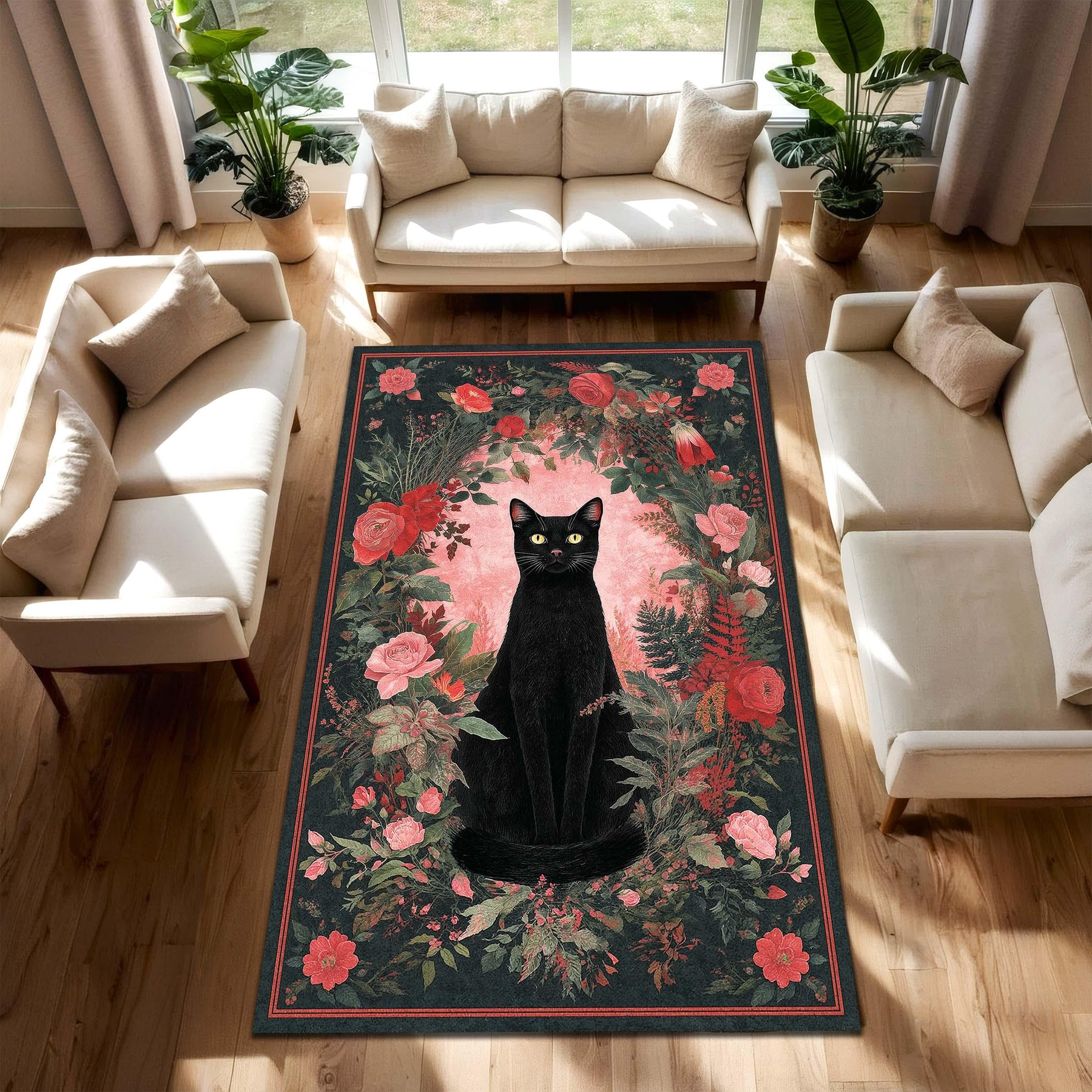 Black Cat Floral Area Rug, Witchy Gothic Living Room Carpet, Vintage Rose Botanical Floor Decor, Cat Lover Gift, Custom Size Mat & More