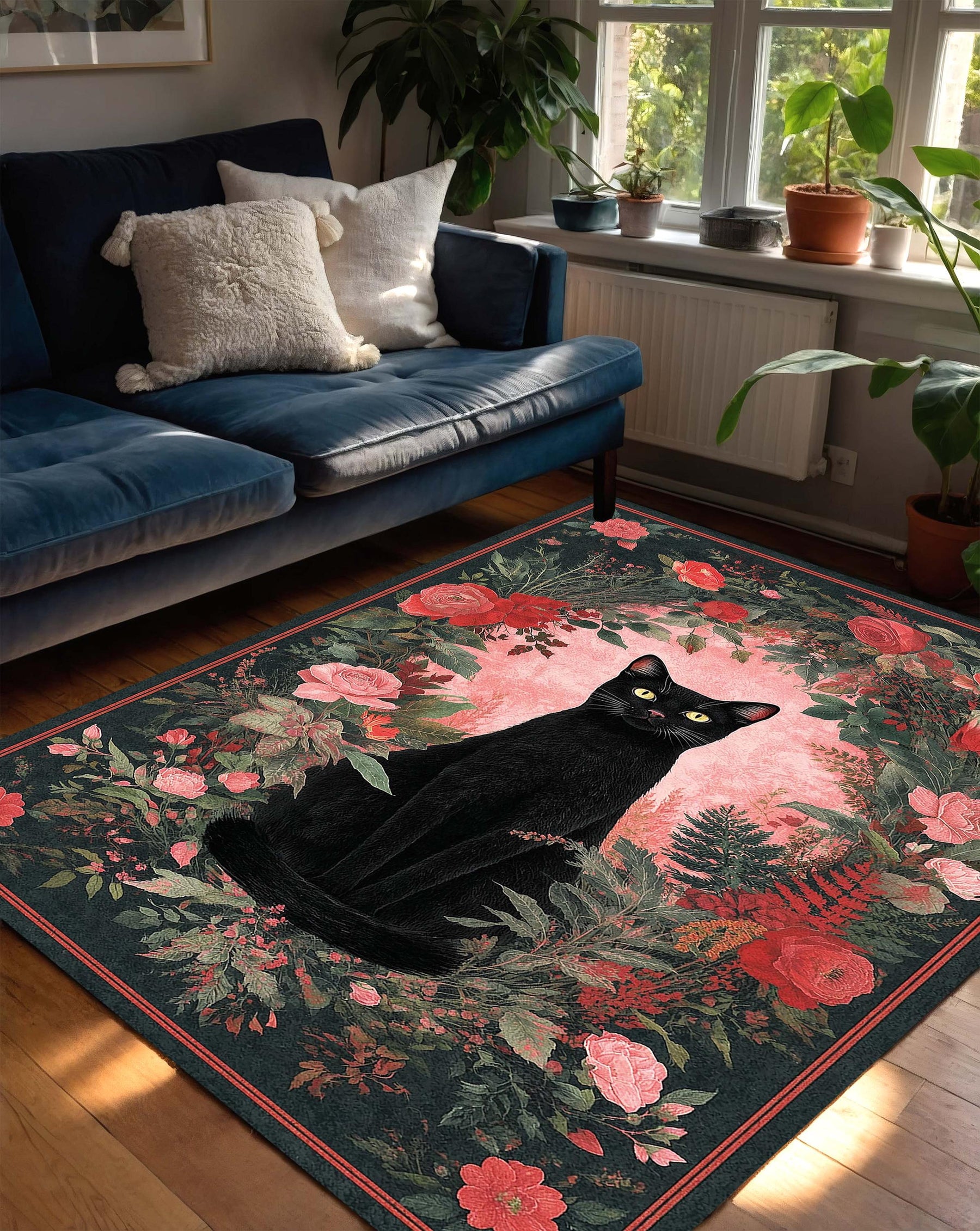 Black Cat Floral Area Rug, Witchy Gothic Living Room Carpet, Vintage Rose Botanical Floor Decor, Cat Lover Gift, Custom Size Mat & More