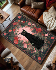 Black Cat Floral Area Rug, Witchy Gothic Living Room Carpet, Vintage Rose Botanical Floor Decor, Cat Lover Gift, Custom Size Mat & More