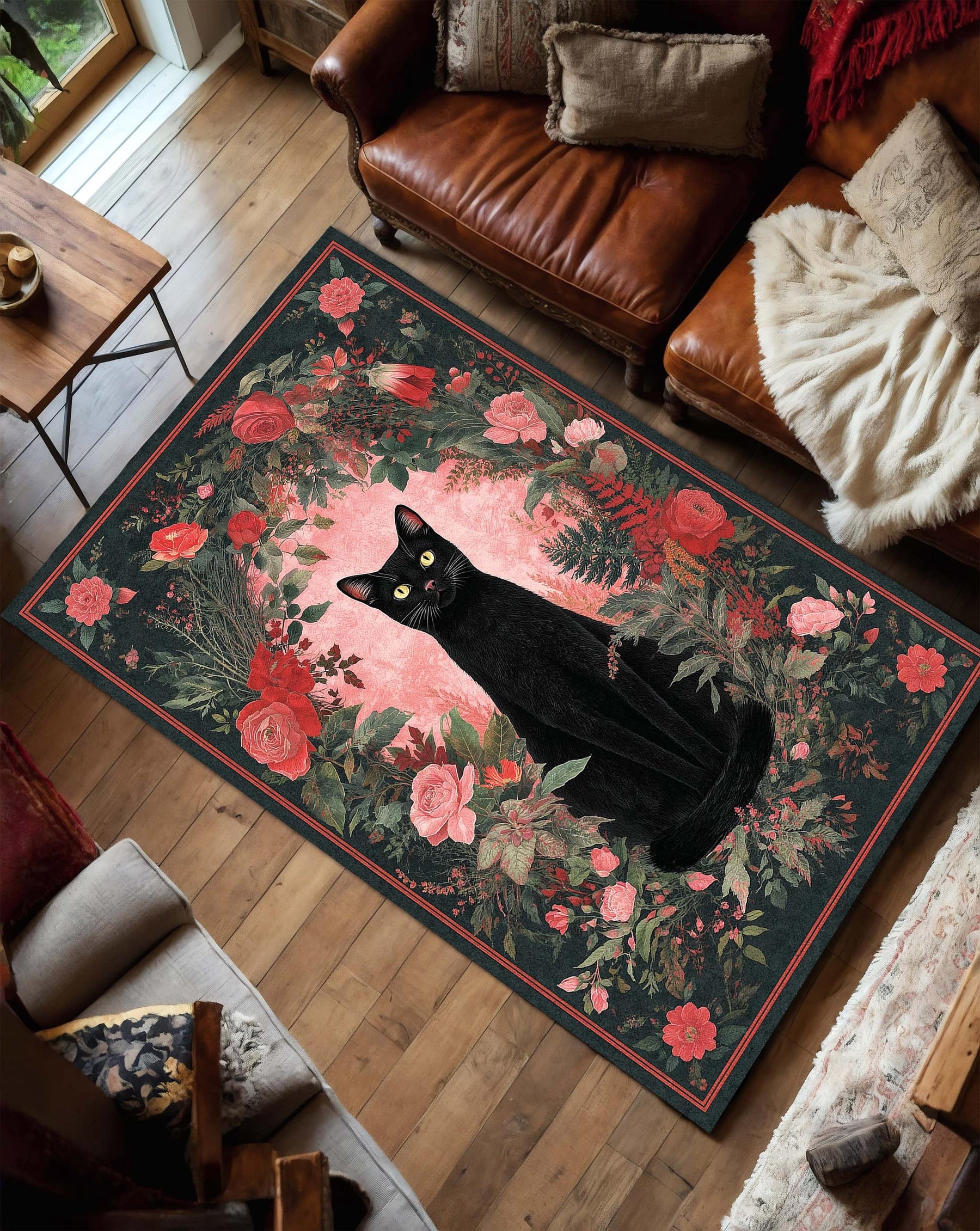 Black Cat Floral Area Rug, Witchy Gothic Living Room Carpet, Vintage Rose Botanical Floor Decor, Cat Lover Gift, Custom Size Mat & More