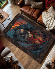 Gothic Skull Castle Area Rug Dark Fantasy Living Room Carpet Horror Decor Spooky Art Floor Mat Halloween Gift for Metal Fans and Goth Decor