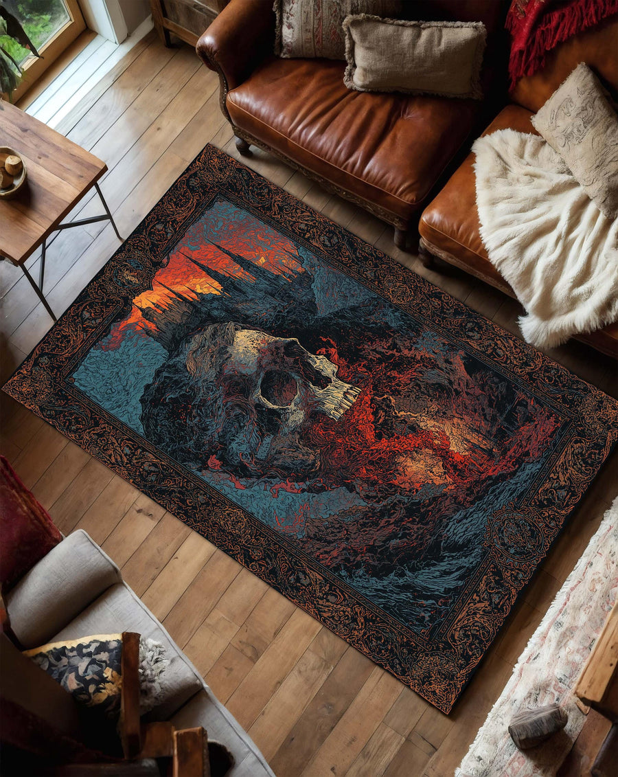 Gothic Skull Castle Area Rug Dark Fantasy Living Room Carpet Horror Decor Spooky Art Floor Mat Halloween Gift for Metal Fans and Goth Decor