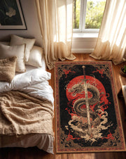 Epic Dragon Sword Area Rug, Japanese Red Sun Carpet, Fantasy Oriental Living Room Decor, Gamer Bedroom Floor Mat Gift for Him or Anime Fans