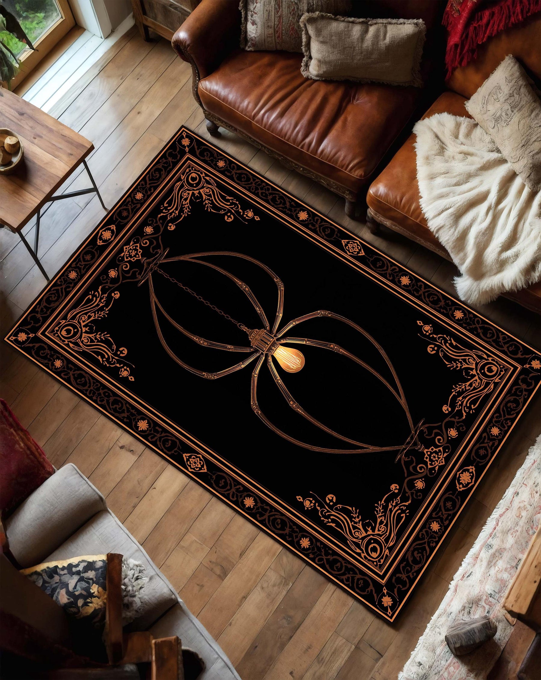 Gothic Spider Chandelier Area Rug, Black Vintage Victorian Occult Carpet, Dark Aesthetic Living Room Bedroom Halloween Decor Rug
